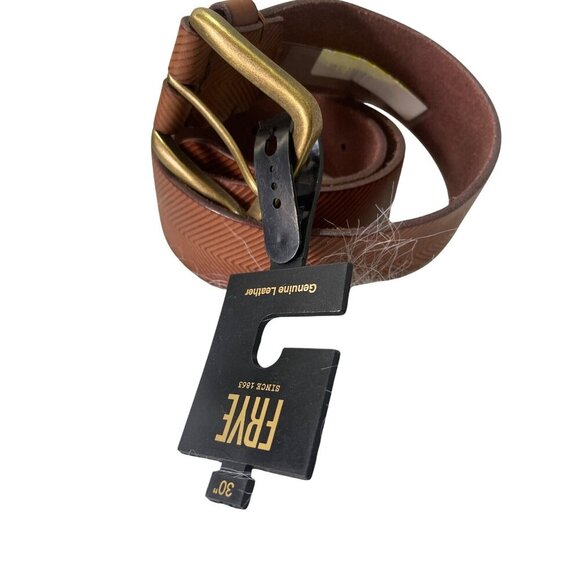 Frye Genuine Leather Chevron Pattern Belt 30" Brown With Brass Buckle - Picture 1 of 7